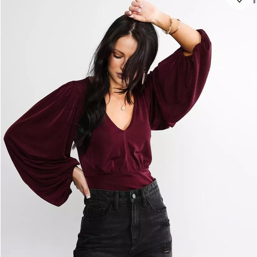 BKE Red Fitted Bodysuit with Relaxed Sleeves